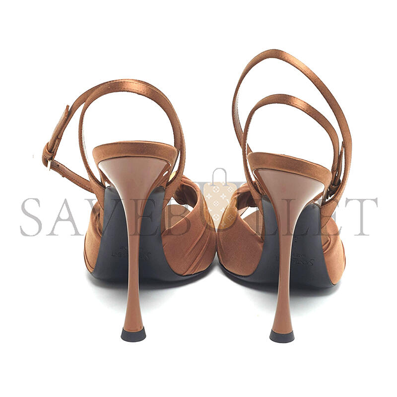 YSL BROWN SATIN AND STRETCH FABRIC LOLA ANKLE STRAP SANDALS 